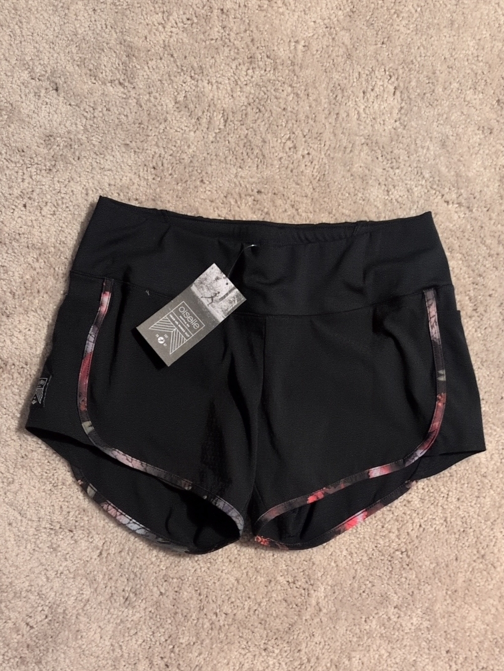 oiselle Black Track Star Running Shorts with Floral-Trim